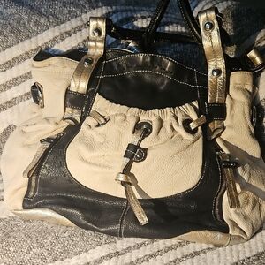 B. Makowsky Cream and Black Shoulder Bag with Gold Accents